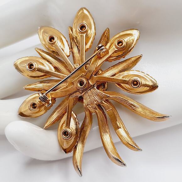 Vintage Selini Blue Rhinestone Pearl Brooch Cabochon Floral Pin 2" - Picture 5 of 9